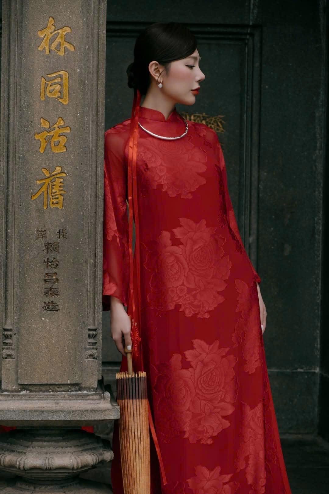MocTra Vietnamese ao dai rose red or ivory, pants included