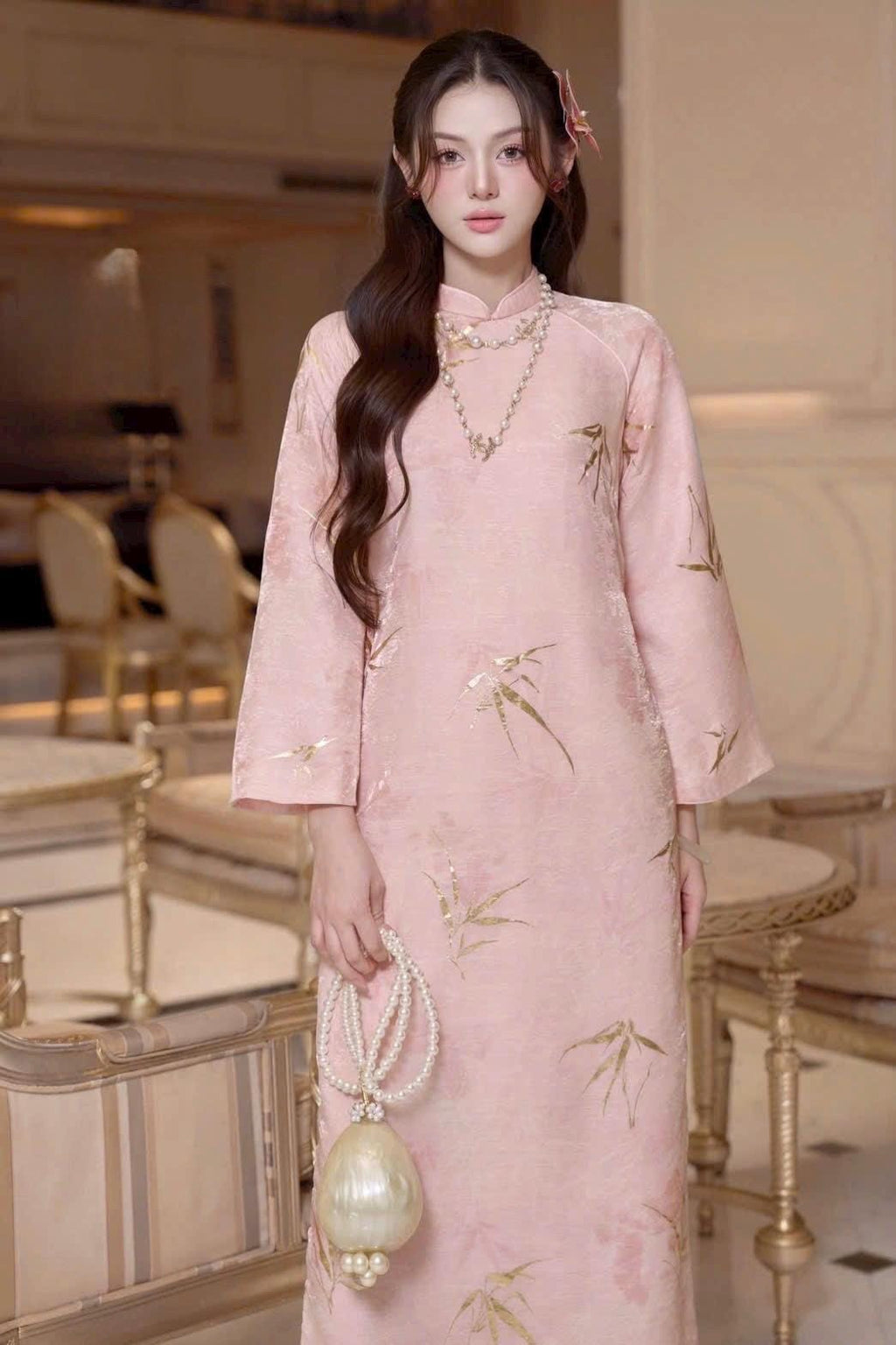 Vietnamese VanAn aodai pink LaTruc silk gold ao dai, pants included