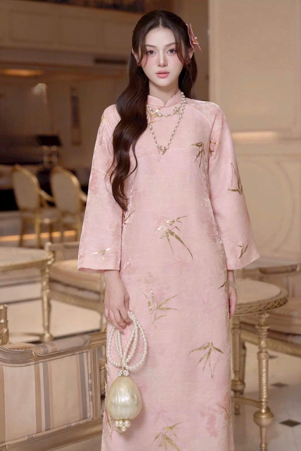 Vietnamese VanAn aodai pink LaTruc silk gold ao dai, pants included