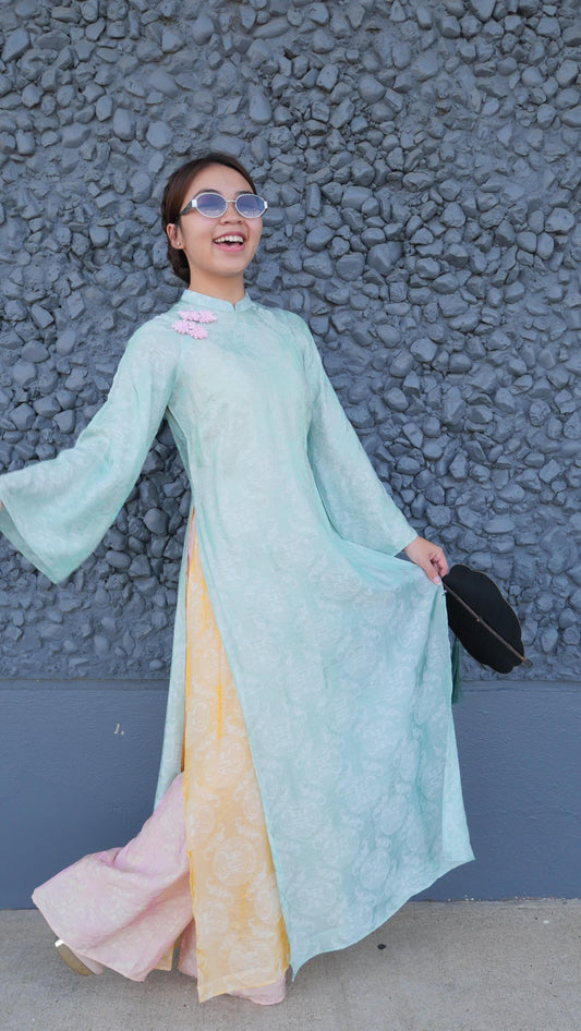 NgocThu Vietnamese aodai minty tencel silk ao dai, pants included