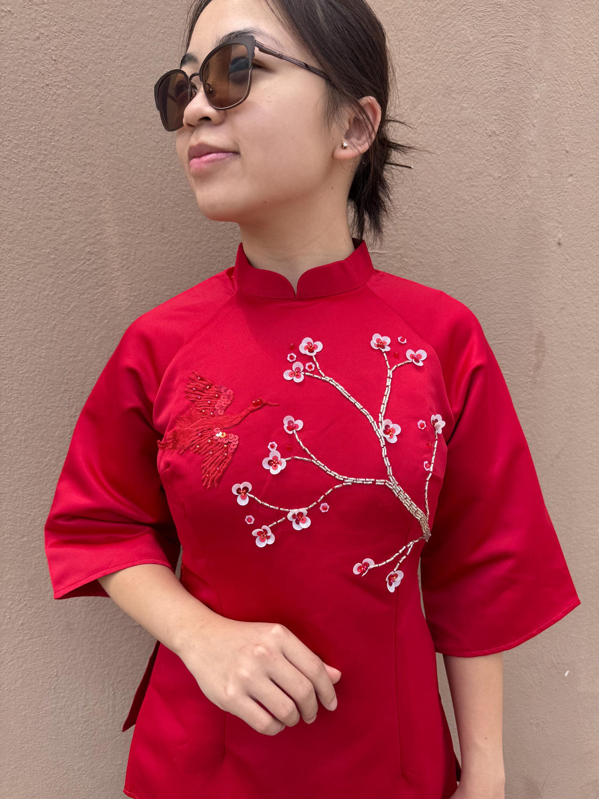 Set of Vietnamese Phap phuc red embroidery and beaded, velvet pants included