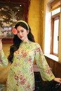 ComHoa Vietnamese aodai KimSa  floral embroidery green sequins, pants included