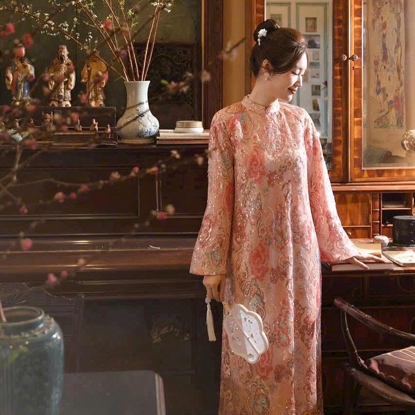 BacBling Vietnamese ao dai pink embroidery sequins, pants included