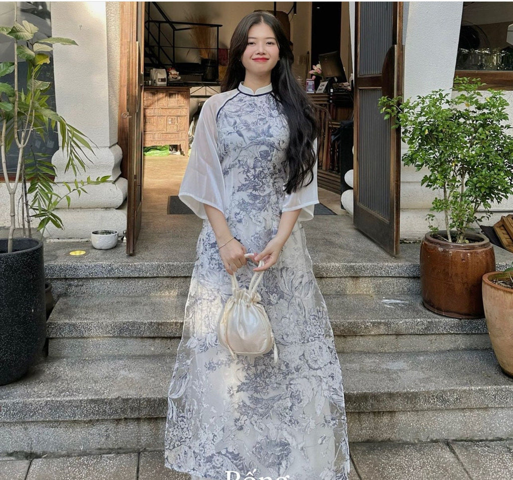Vietnamese navy blue aodai floral, pants included