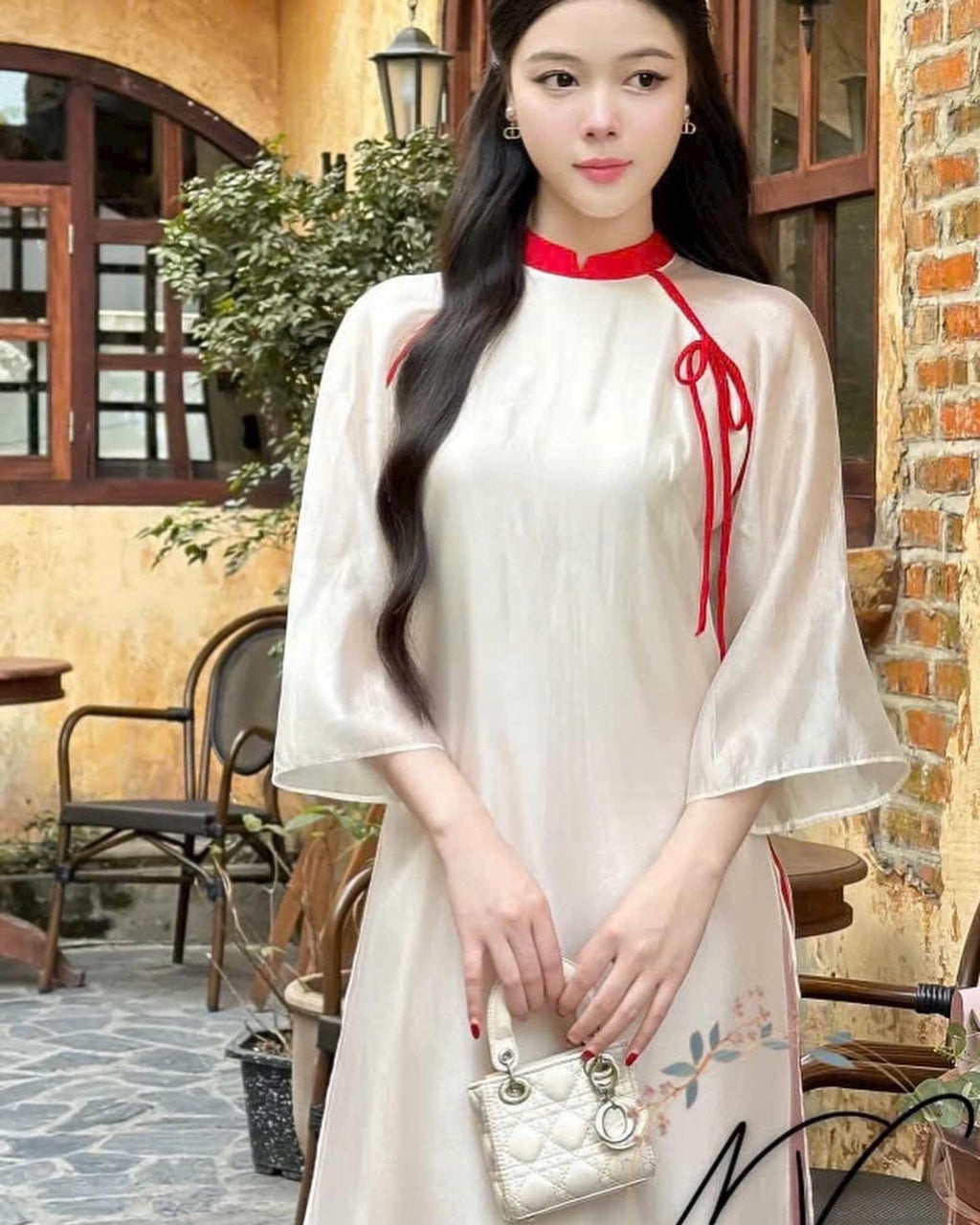 TueHy Vietnamese ao dai beige off-white, pants included