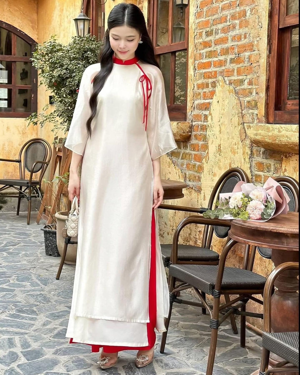 TueHy Vietnamese ao dai beige off-white, pants included