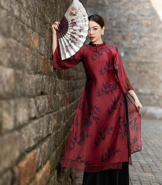 Vietnamese ao dai loose style Latruc red, pants included