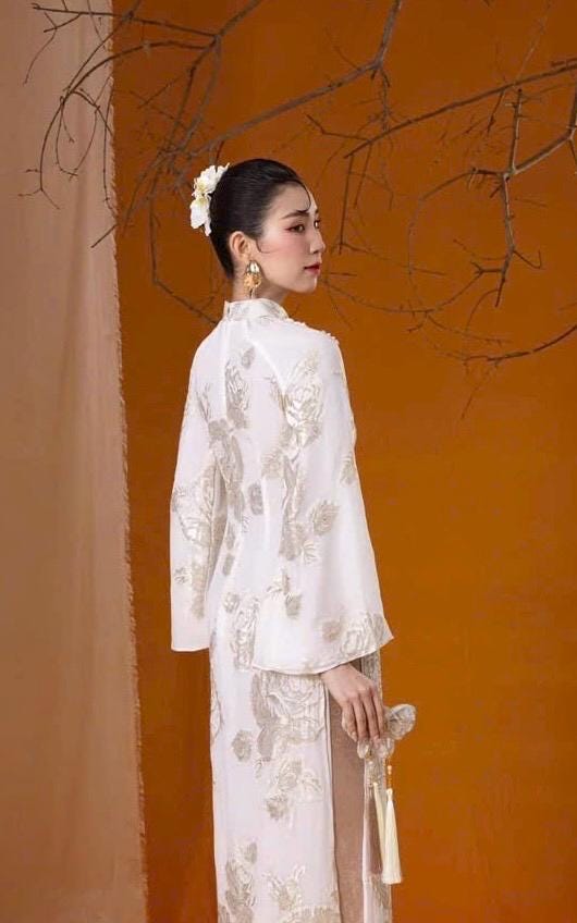 Vietnamese ao dai GoldHoaHong imprint 3D texture with gold aodai white traditional style, pants included