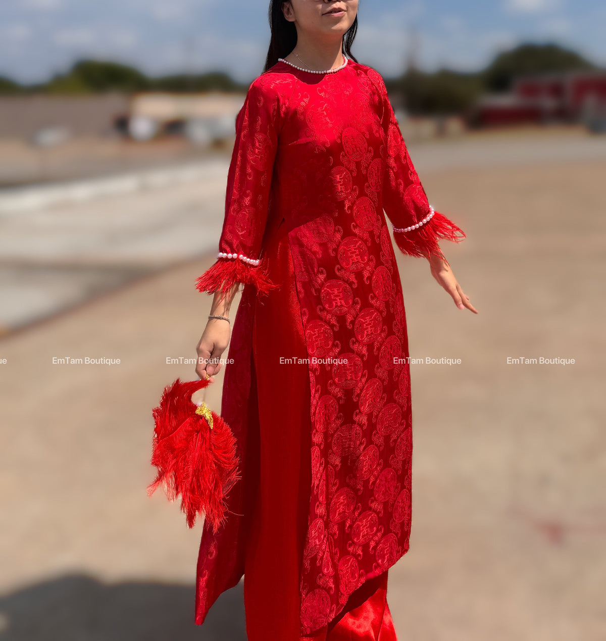 ThoDoi Vietnamese aodai red faux fur, pants included