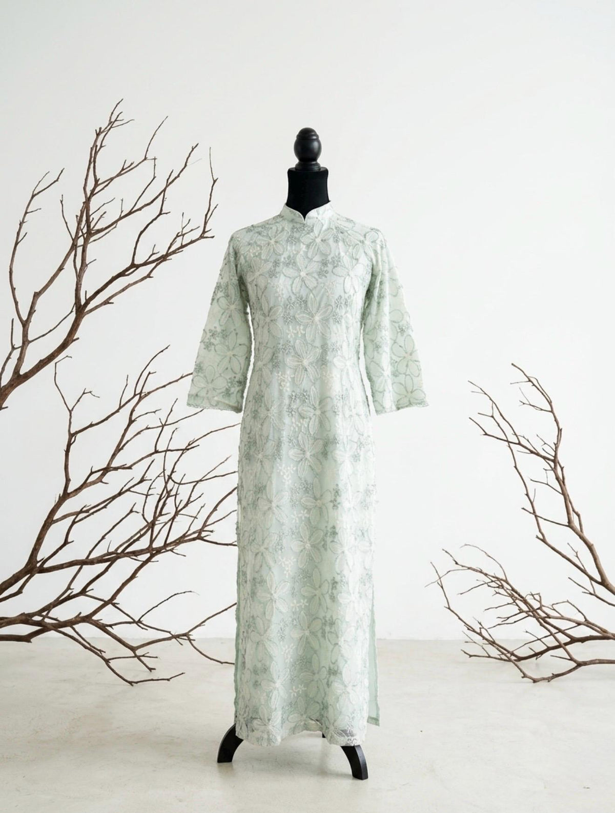 NhuHien Vietnamese aodai 3d floral in pink, creamy white or mint, pants included