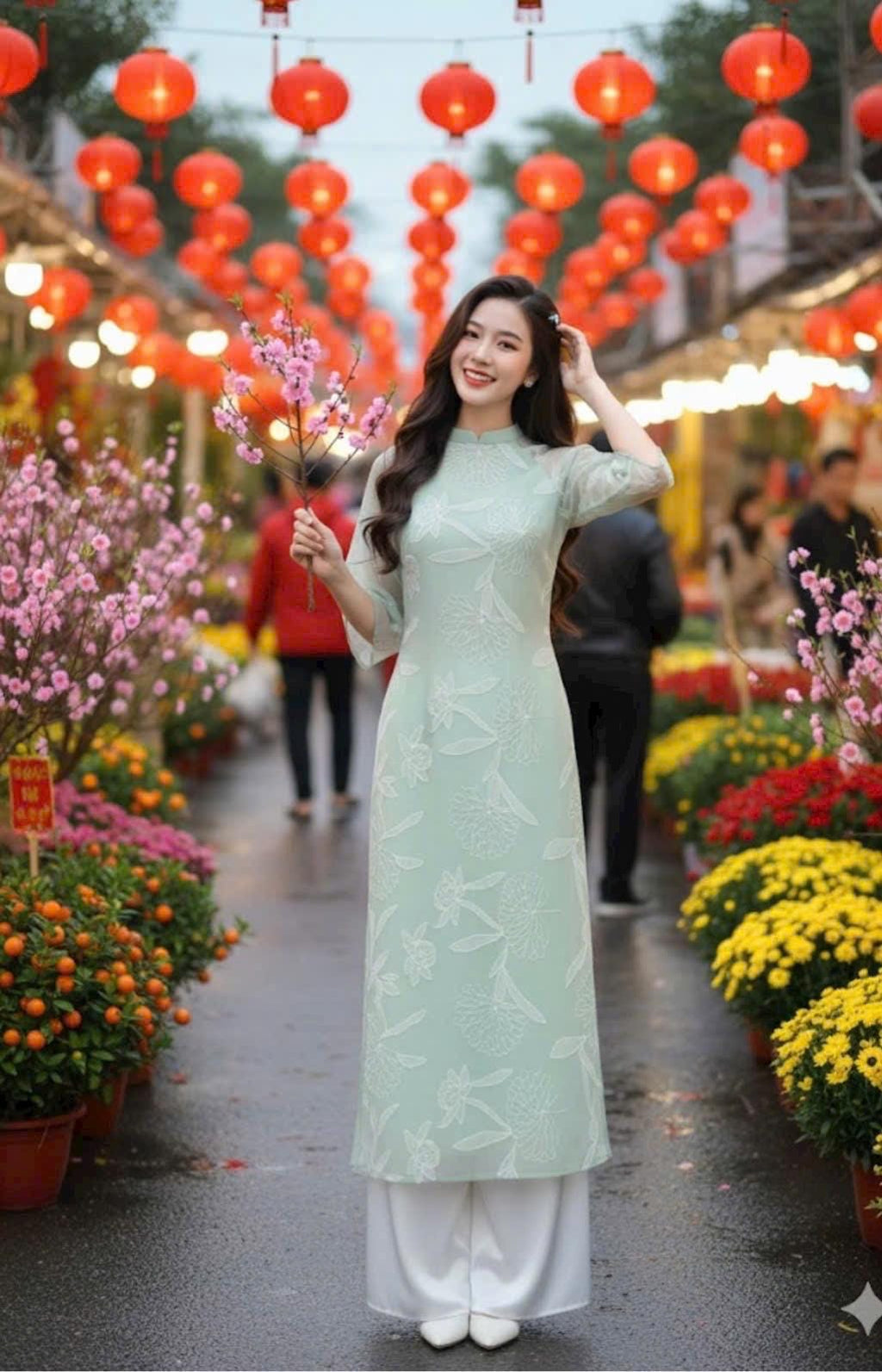 NgocHa Vietnamese ao dai embroidery mint green, pants included