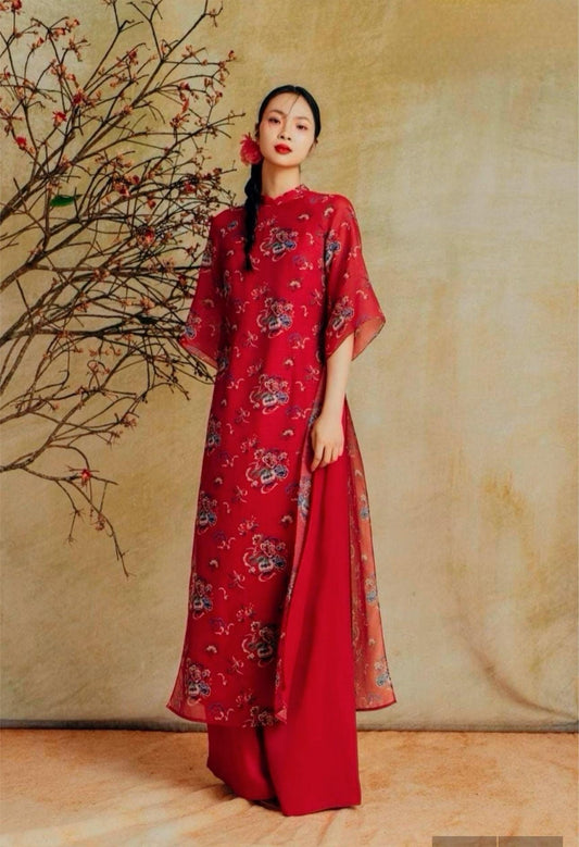 Vietnamese aodai DinDan red, pants included