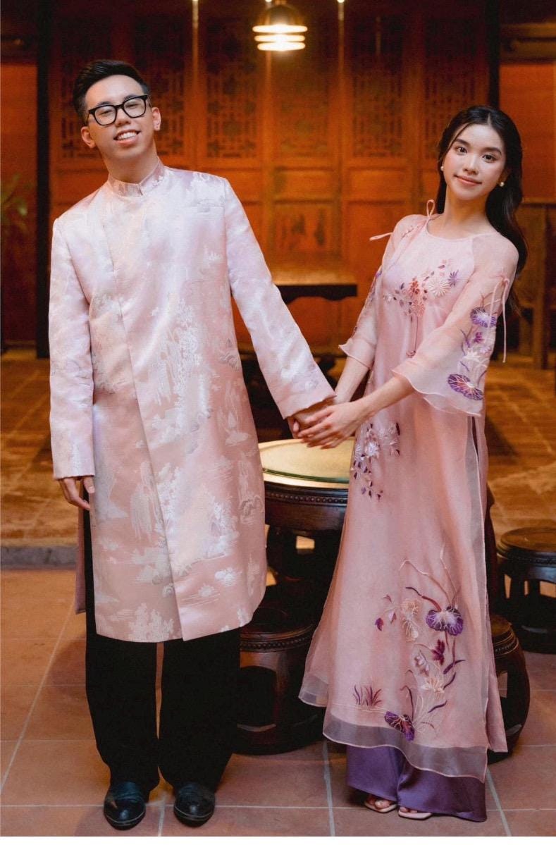PhongVan Vietnamese aodai for men embroided pink gam taffeta