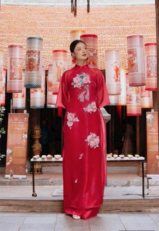 Vietnamese ao dai MT red aodai, pants included