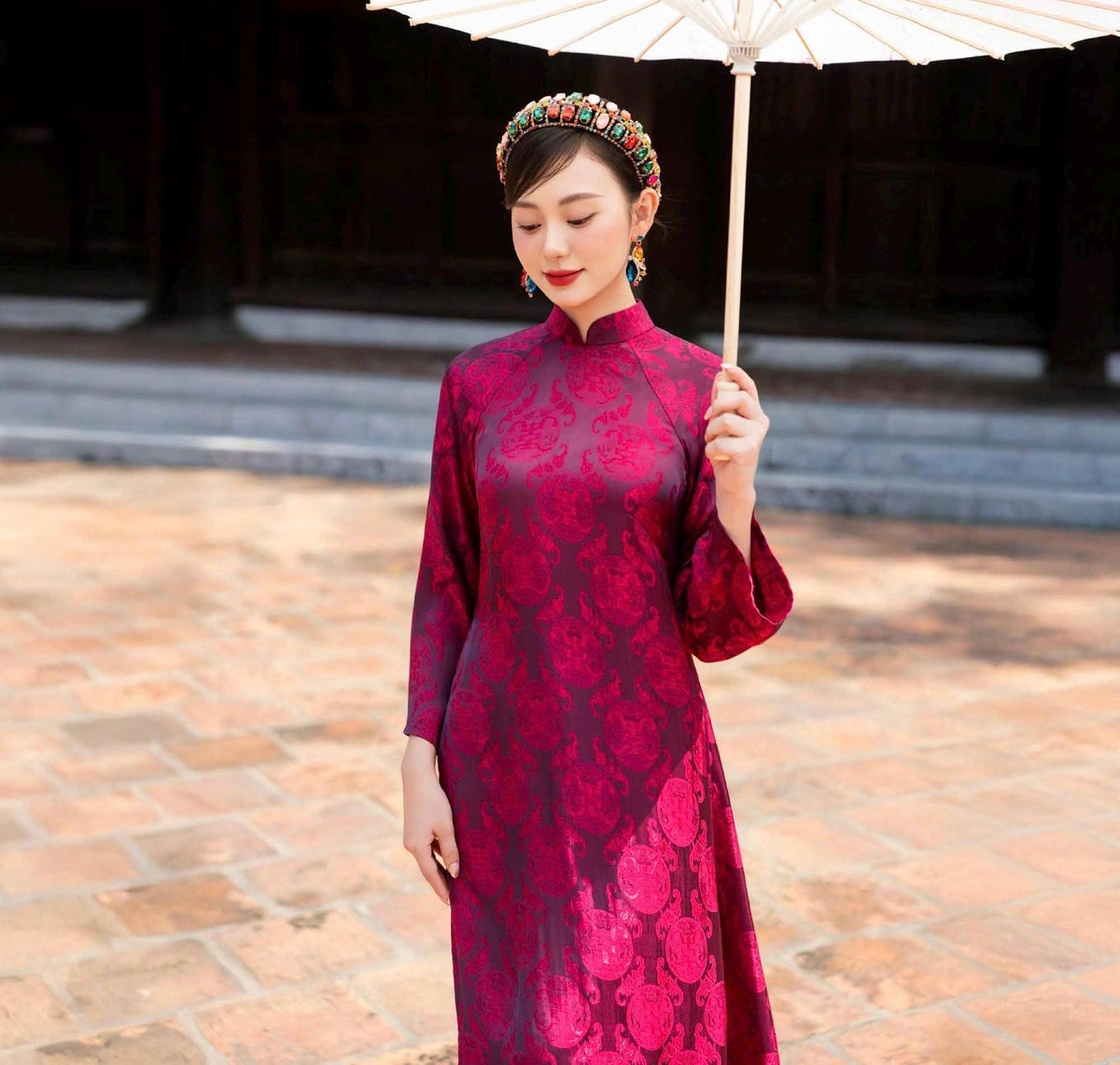 ThoCam Vietnamese ao dai fuchsia pink, pants included