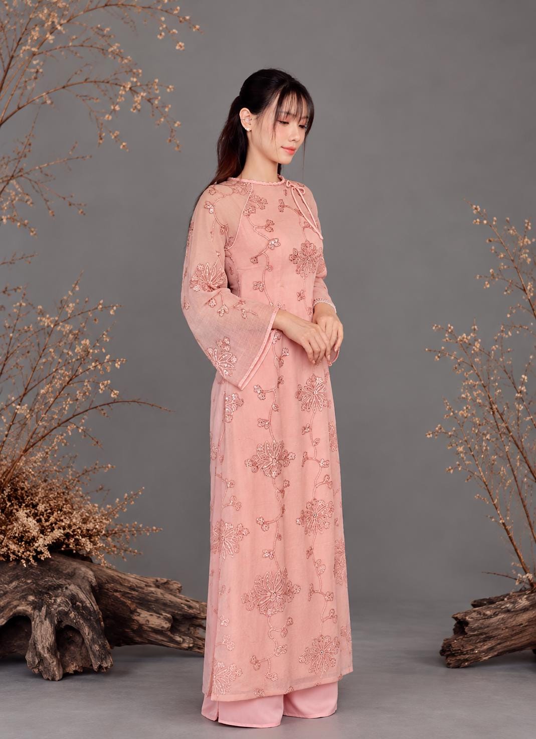 Cheryl Vietnamese ao dai pink sequins, pants included
