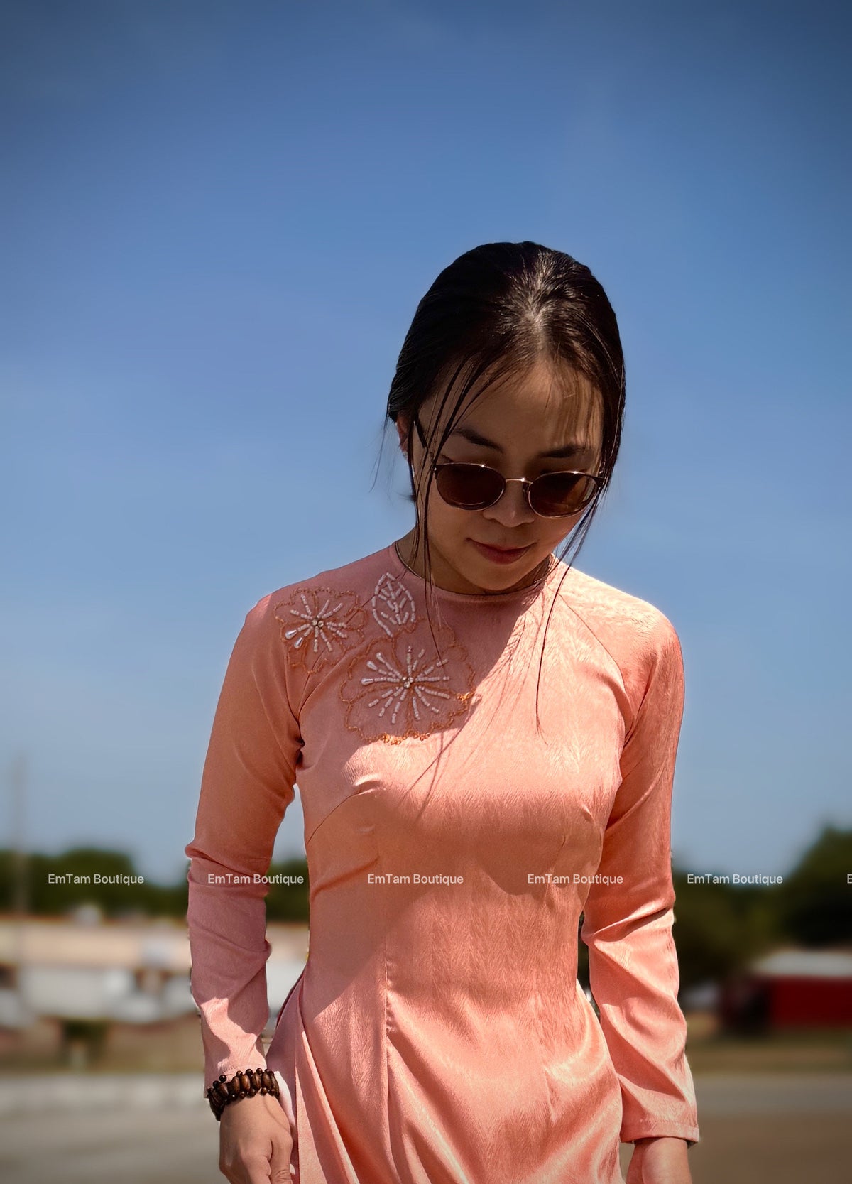 DaoLy Vietnamese aodai beaded floral peach, pants included