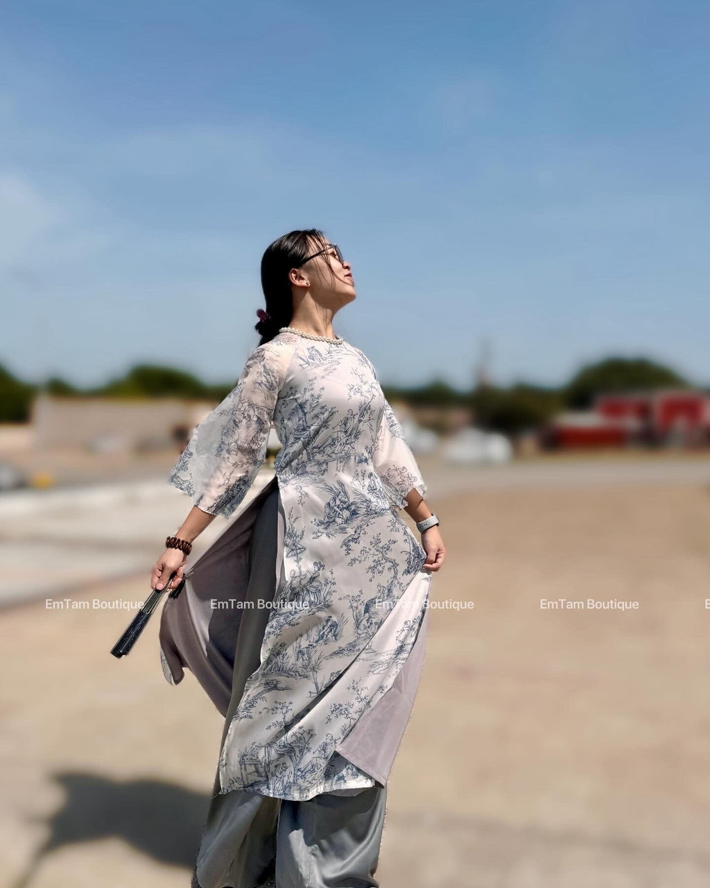NgocTraj Vietnamese aodai with pearl grey, pants included