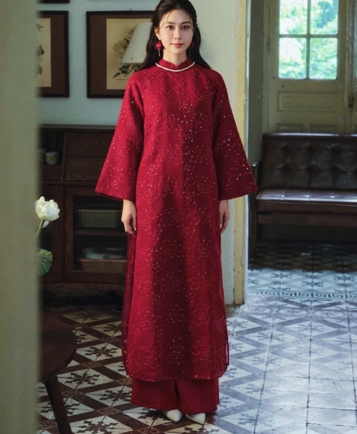 TraCuc Vietnamese aodai kimsa red, pants included