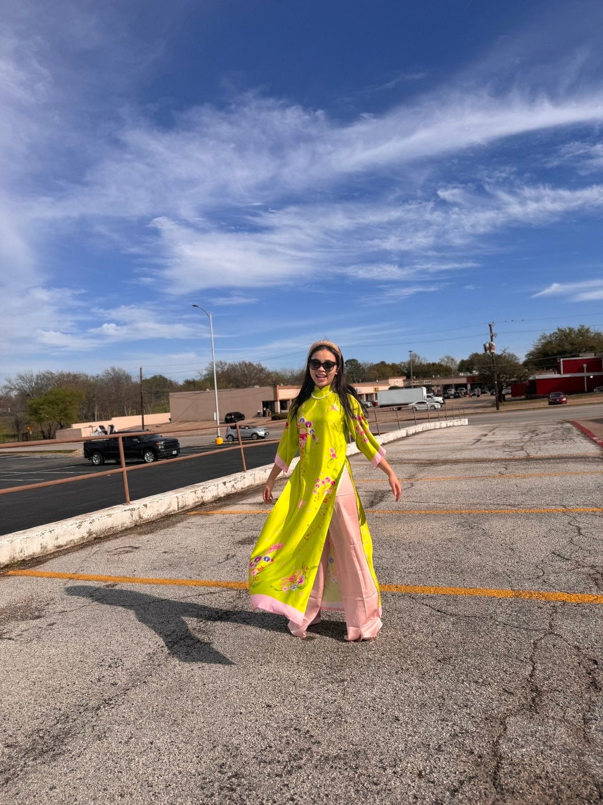 XuanChi Vietnamese ao dai yellow-green, pants included