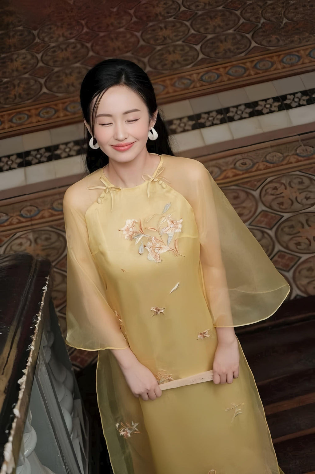 Vietnamese ao dai Linny embroidery yellow aodai , pants included