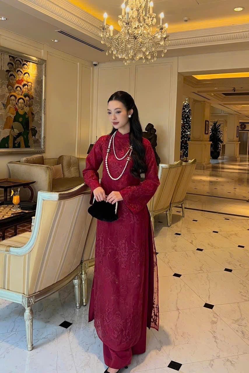 Vietnamese ao dai Moc embroidered burgundy, pants included