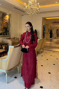 Vietnamese ao dai Moc embroidered burgundy, pants included