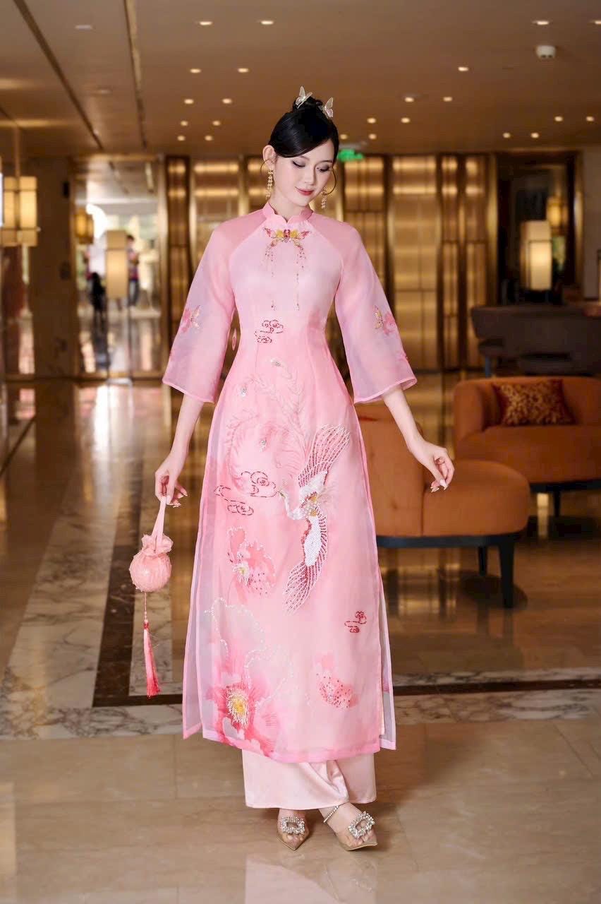Vietnamese ao dai LK embroidery beaded pink phoenix aodai, pants included