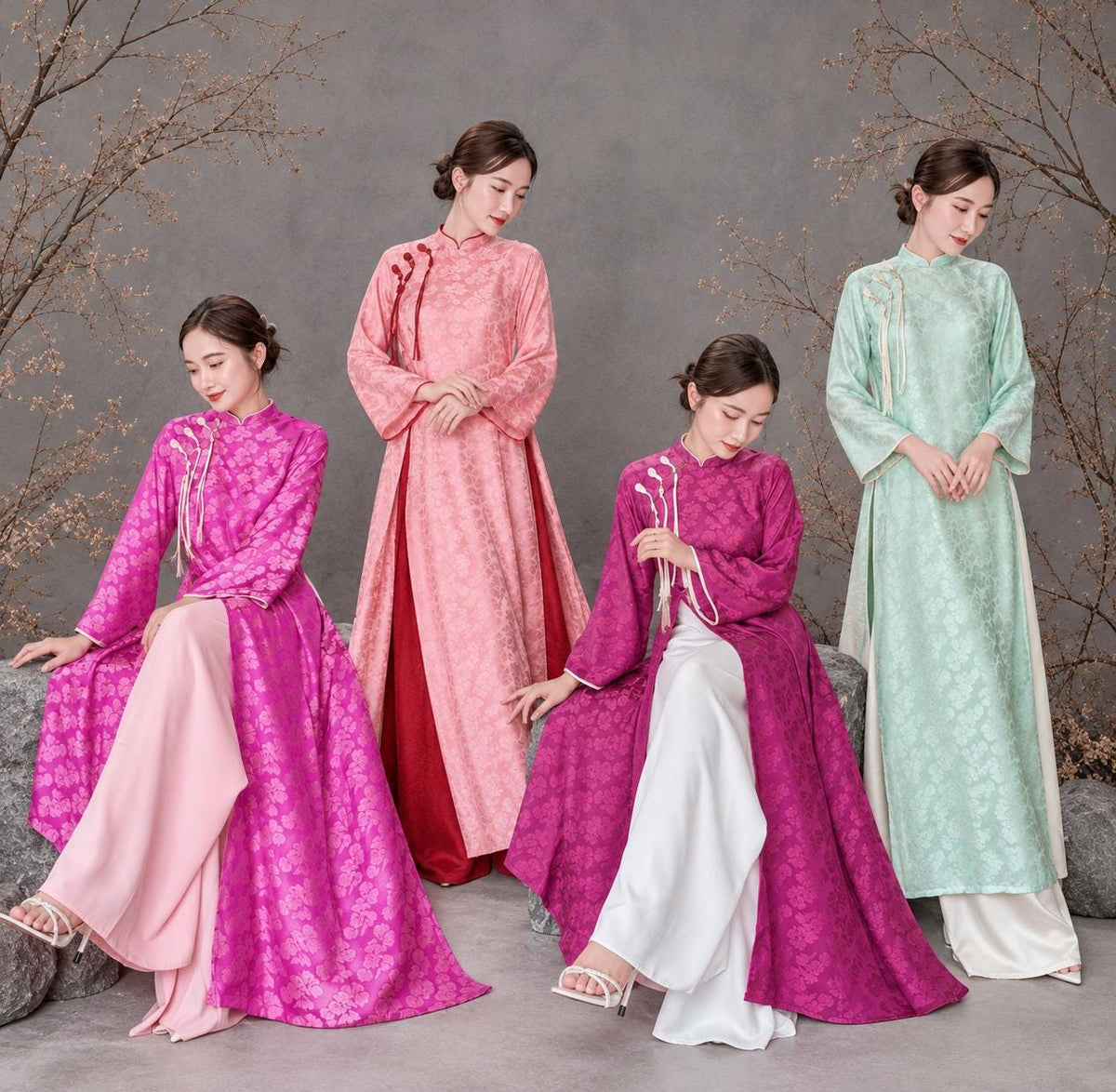 HoaBeo Vietnamese aodai pink/ purple/ mint/ teal/ peach, pants included