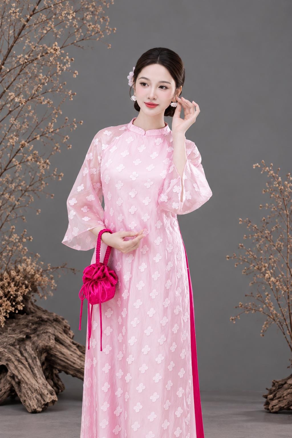 Clover Vietnamese ao dai pink, pants included