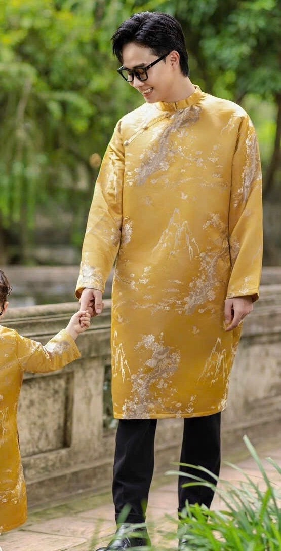 Vietnamese aodai for men yellow golden ao dai gam