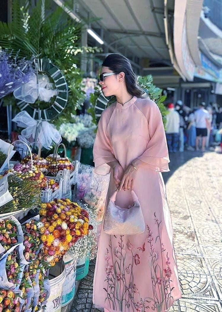 Vietnamese ao dai TienSa pink, pants included