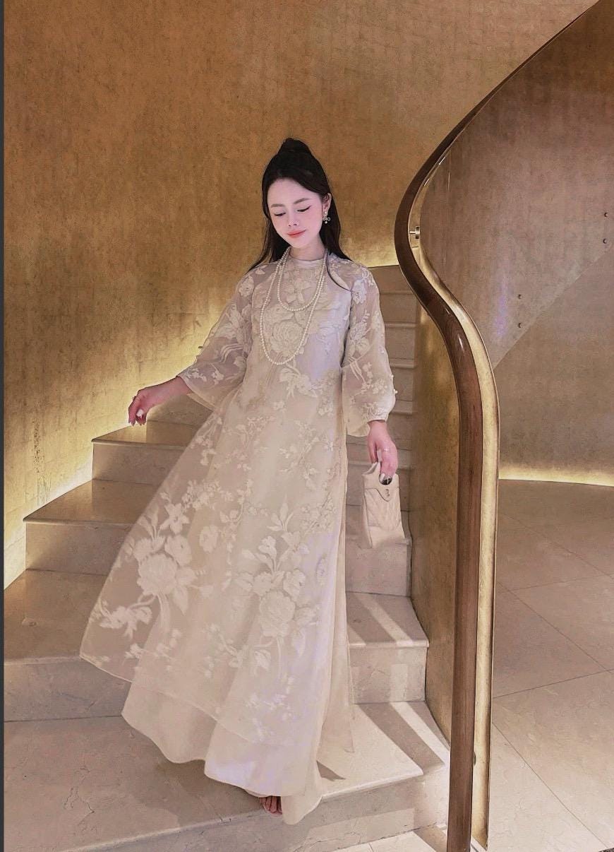 Vietnamese ao dai embroiled ThanhXuan beige aodai, pants included