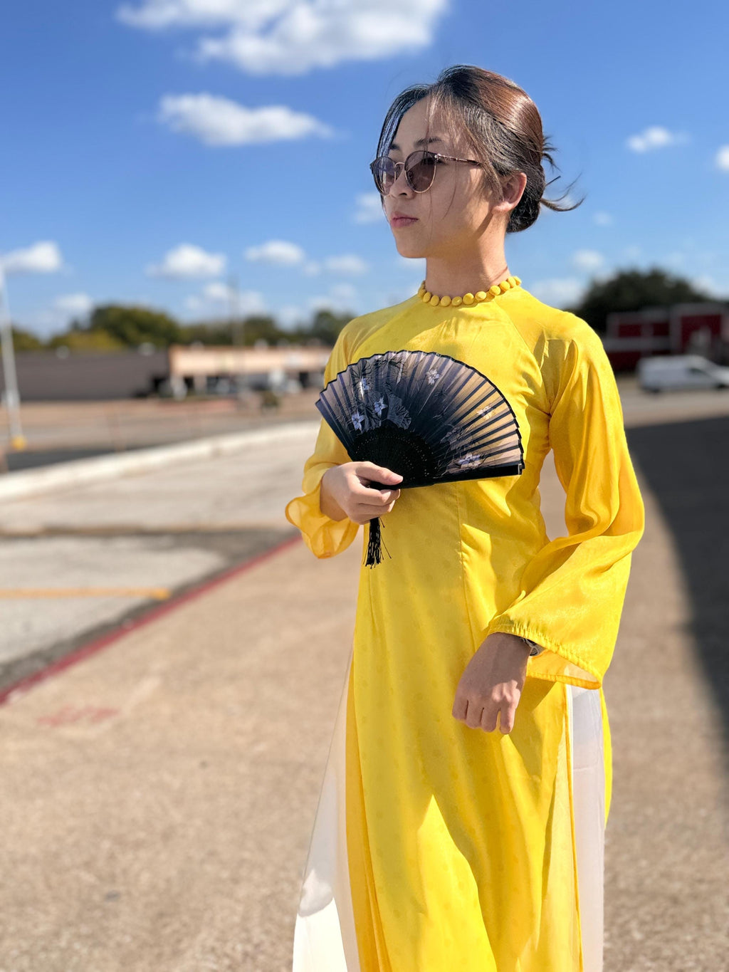 Vietnamese ao dai PolkaDot yellow, pants included
