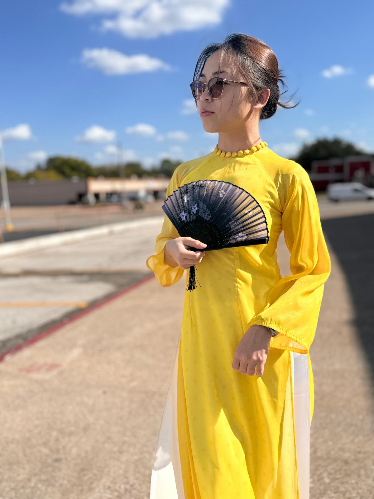 Vietnamese ao dai PolkaDot yellow, pants included