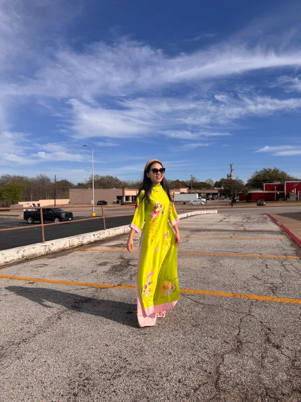 XuanChi Vietnamese ao dai yellow-green, pants included