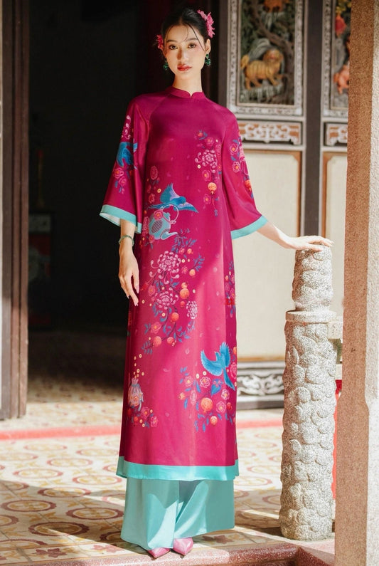 XuanThy Vietnamese ao dai dark fuchsia, pants included