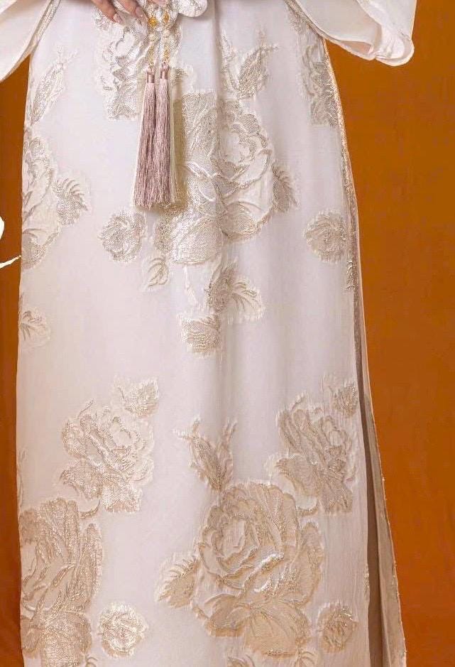 Vietnamese ao dai GoldHoaHong imprint 3D texture with gold aodai white traditional style, pants included