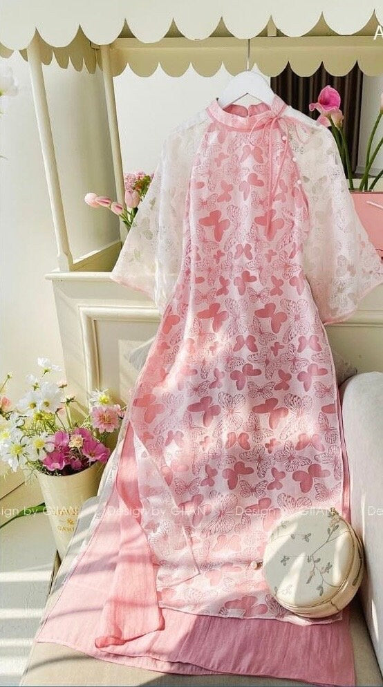 HoDiep Vietnamese aodai butterfly pink, pants included
