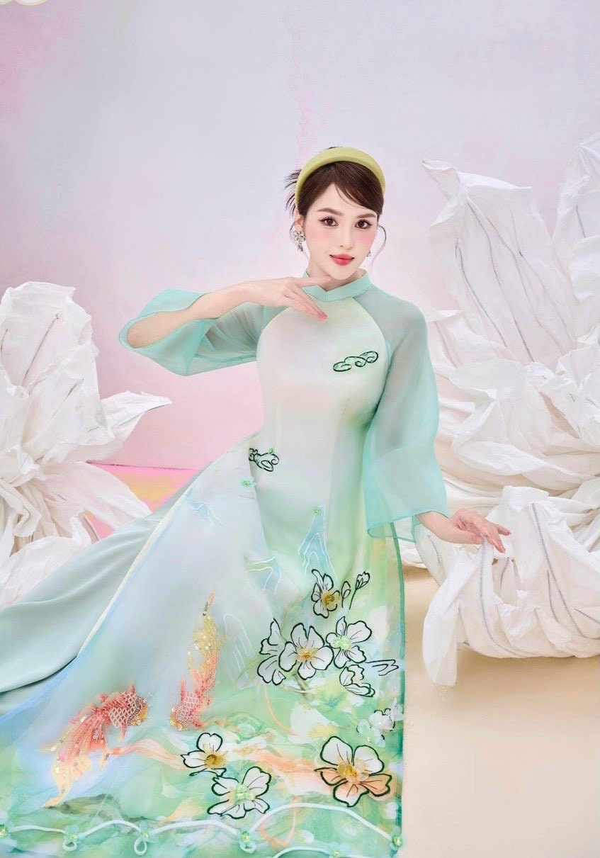 Vietnamese aodai SongNgu green, pants included