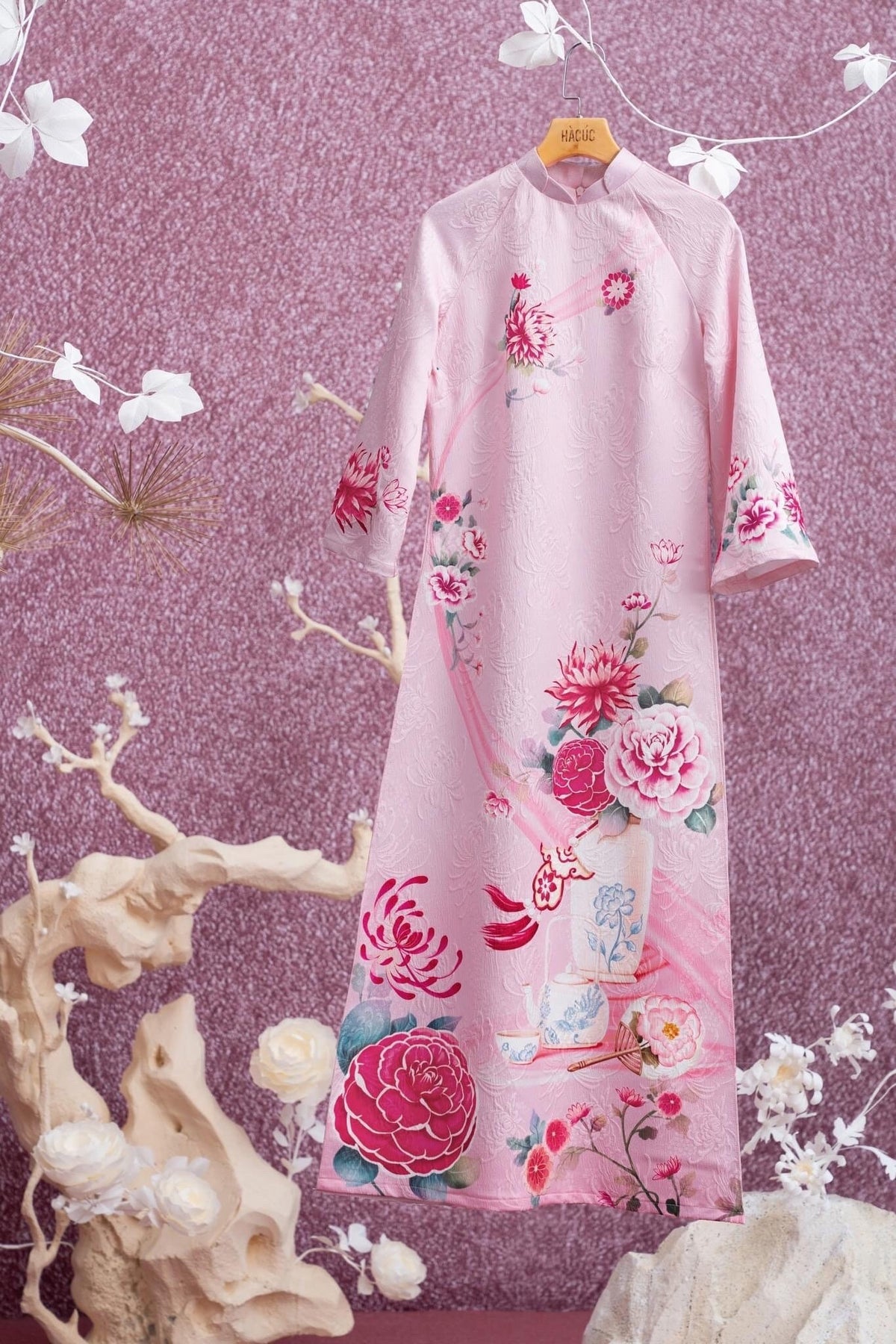 HongCuc Vietnamese ao dai pink, pants included
