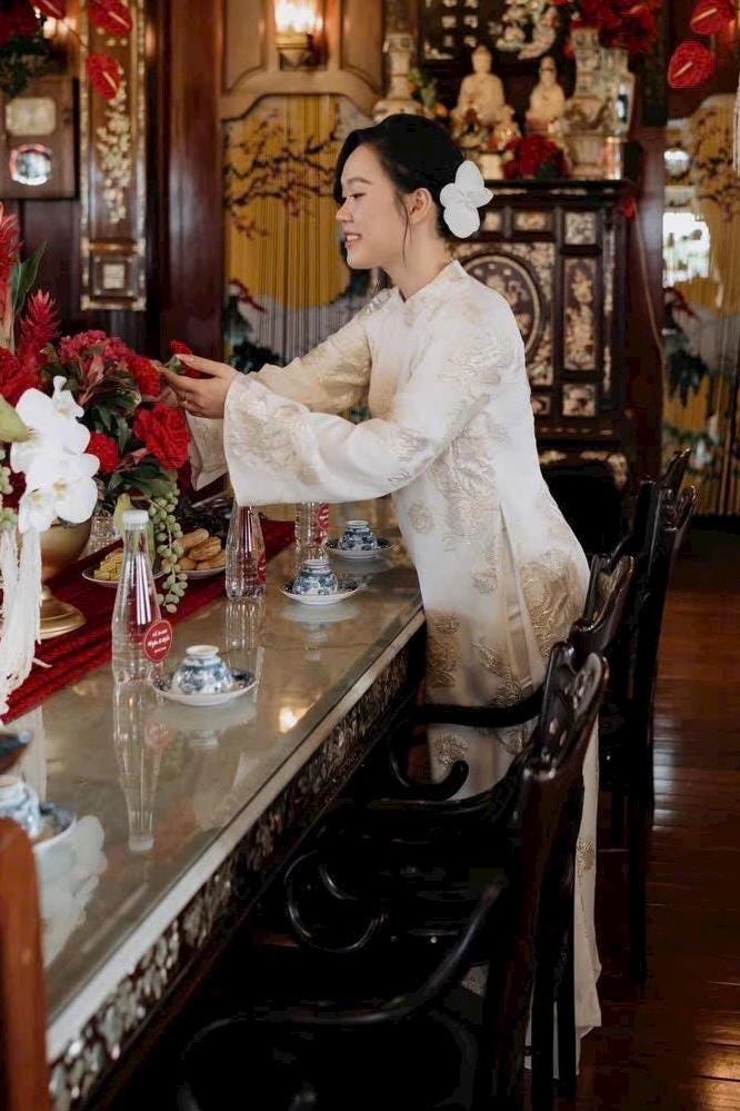 Vietnamese ao dai Rosey imprint 3D texture with gold aodai white relaxed style, pants included