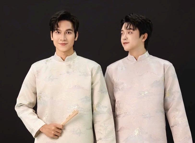 Vietnamese aodai for men Gam tafta VanMay ao dai light beige, light pink