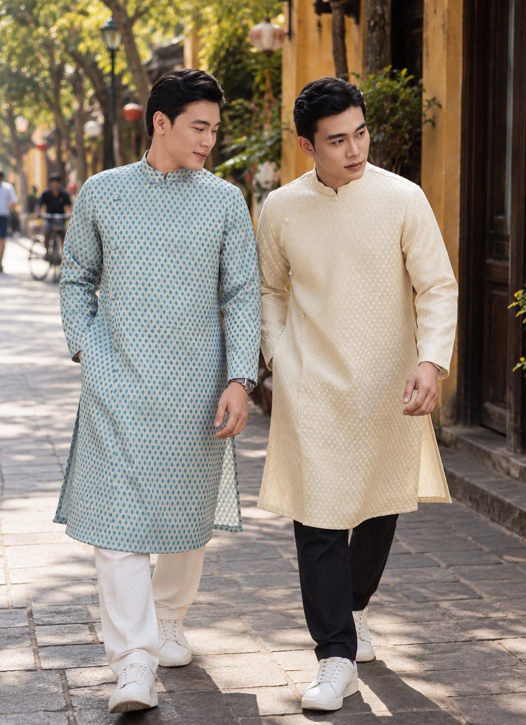 TuyenThoi Vietnamese aodai for men Tafta teal or ivory