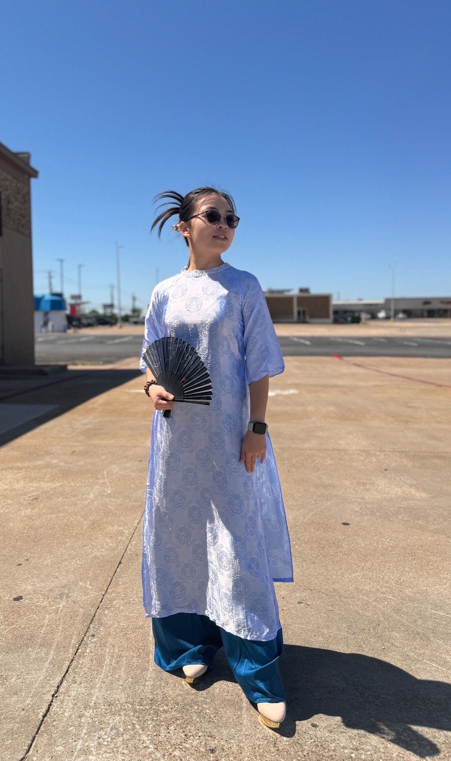 Vietnamese Aodai lụa tơ tằm Biec blue, luxury Mulberry silk ao dai, pants included