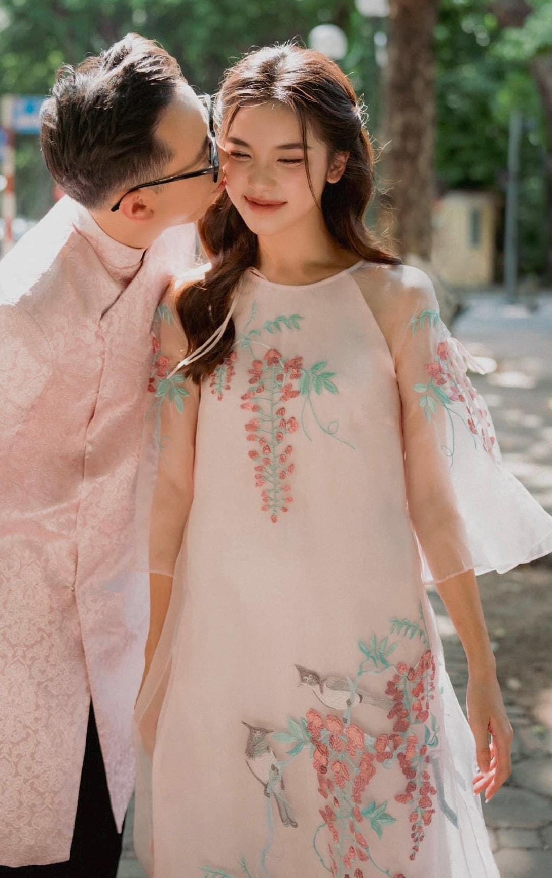 Vietnamese ao dai Vanny aodai pale pink embroidery, pants included