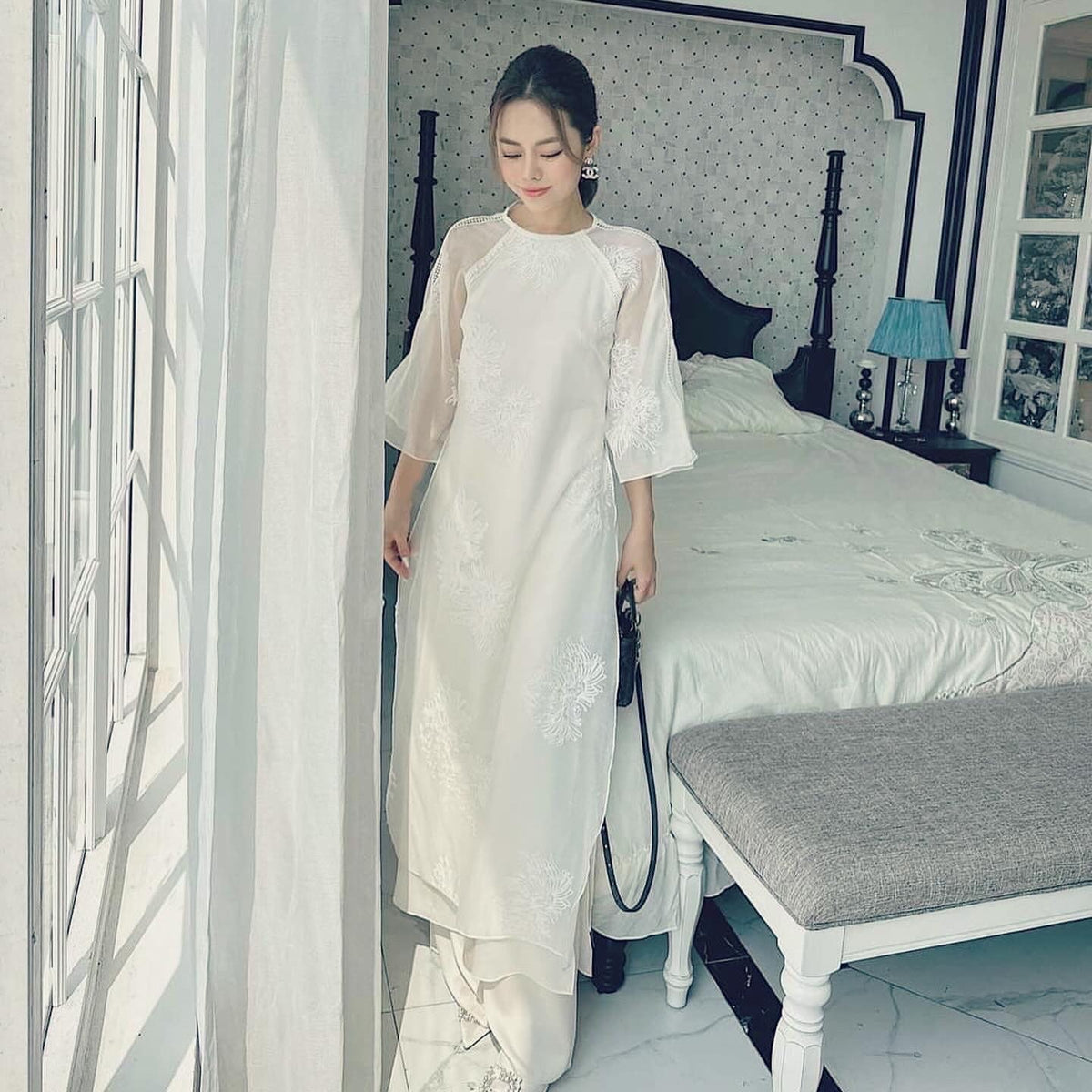 Vietnamese aodai QuynhDaren ivory cream, pants included