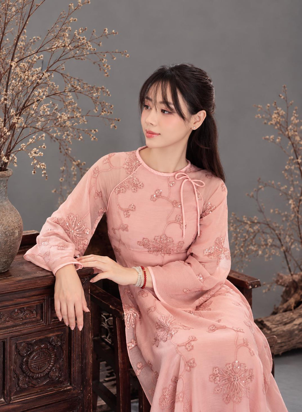 Cheryl Vietnamese ao dai pink sequins, pants included