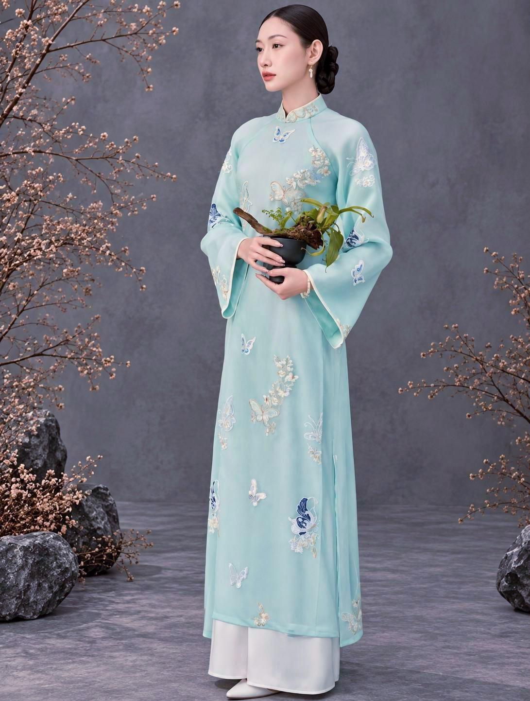 Vietnamese ao dai HoDiep mint embroidered aodai, pants included