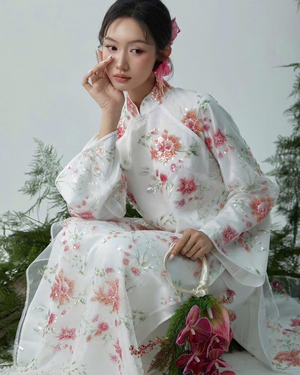 XuanHa Vietnamese ao dai embroidery blue/ white sequins, pants included